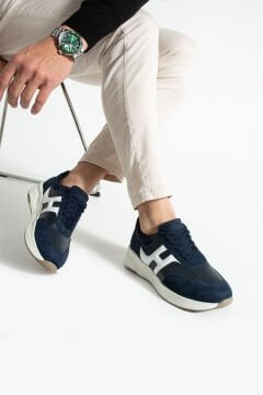 ShoeMaker Lacivert Beyaz Hakiki Deri El Yapımı Sneakers C-06LCB