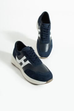 ShoeMaker Lacivert Beyaz Hakiki Deri El Yapımı Sneakers C-06LCB
