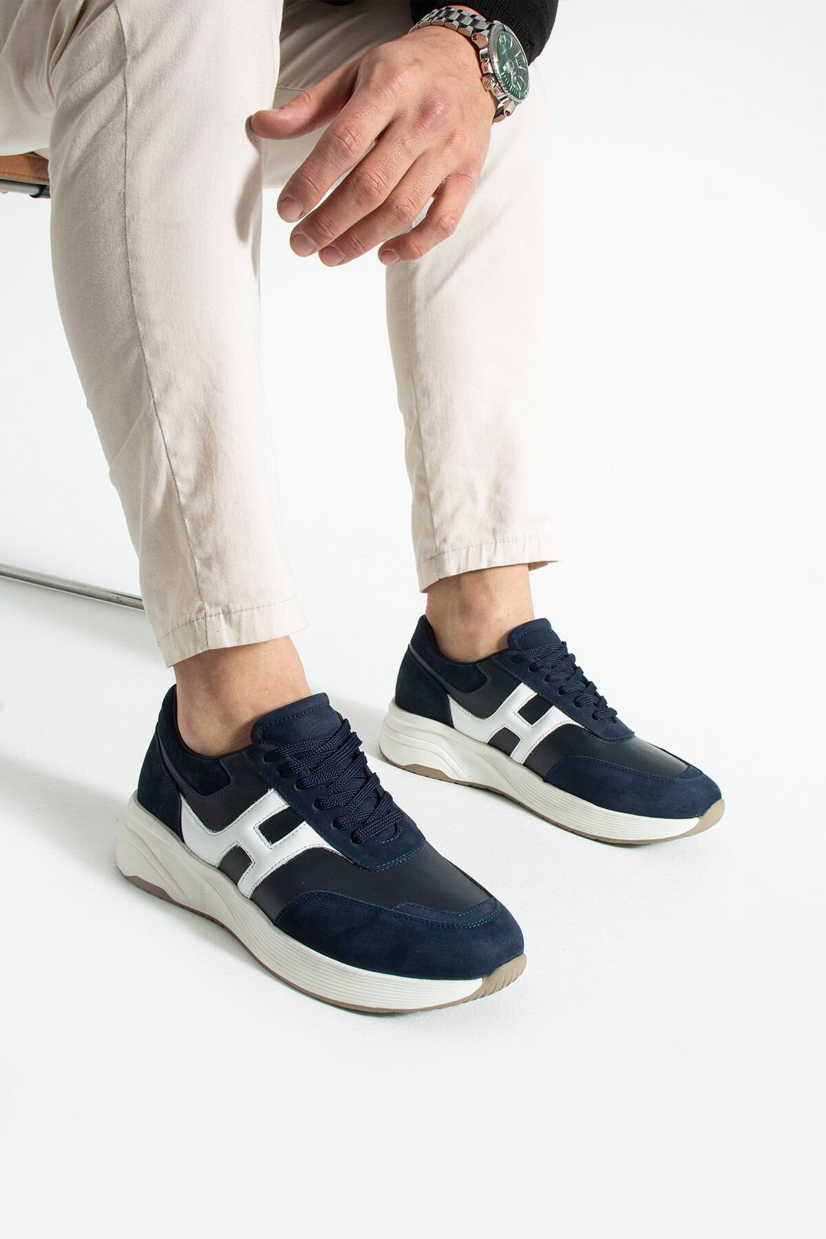 ShoeMaker Lacivert Beyaz Hakiki Deri El Yapımı Sneakers C-06LCB